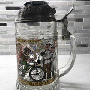 Vintage German Original Glass Beer Stein w/ Bell